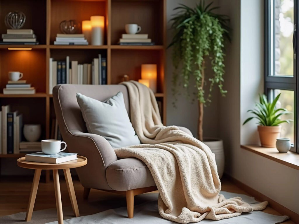 Cozy home décor for winter living room with soft throws, warm lighting, and natural textures